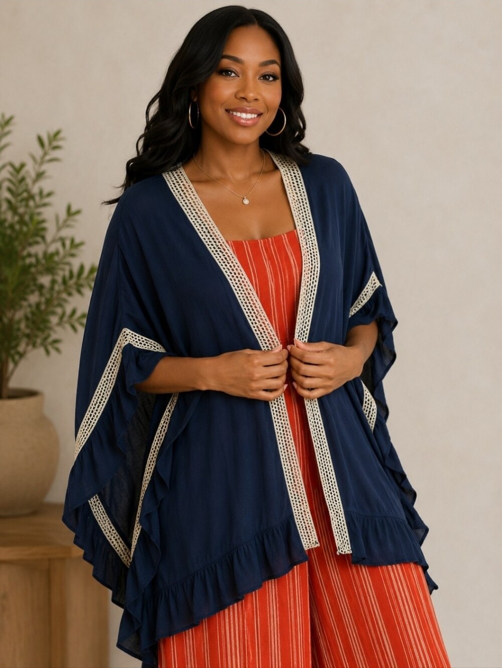 NEW!! Umgee Navy Blue Ruffle Kimono with Crochet Accents, , NWT